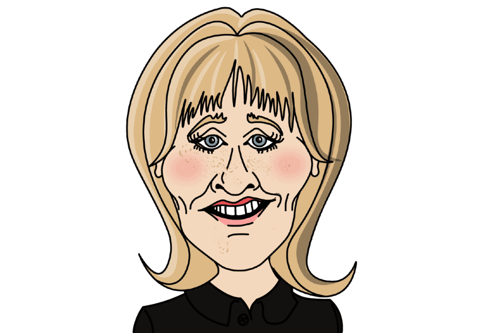 A caricature of a woman with shoulder-length blonde hair, wide grin showing teeth, and rosy cheeks. She has prominent cheekbones, defined lines on her face, and is wearing a black top. Behind her are neatly stacked storage containers against a plain white background.