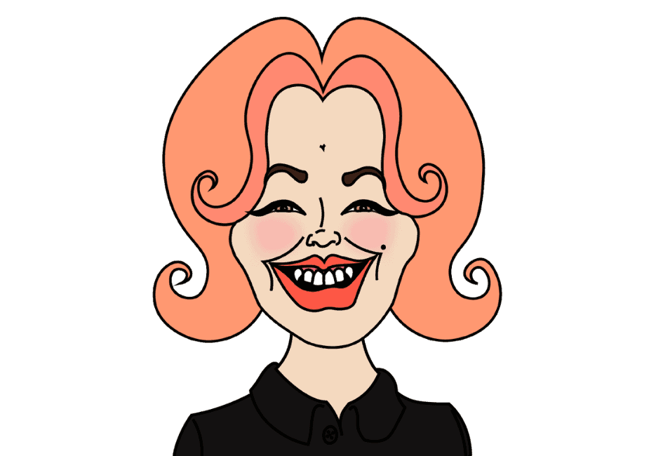 A cartoon illustration of a smiling woman with pink hair styled in voluminous curls. She has exaggerated facial features, including a wide grin with prominent red lipstick, rosy cheeks, and a beauty mark near her mouth. She is holding colorful storage containers while wearing a black collared shirt.