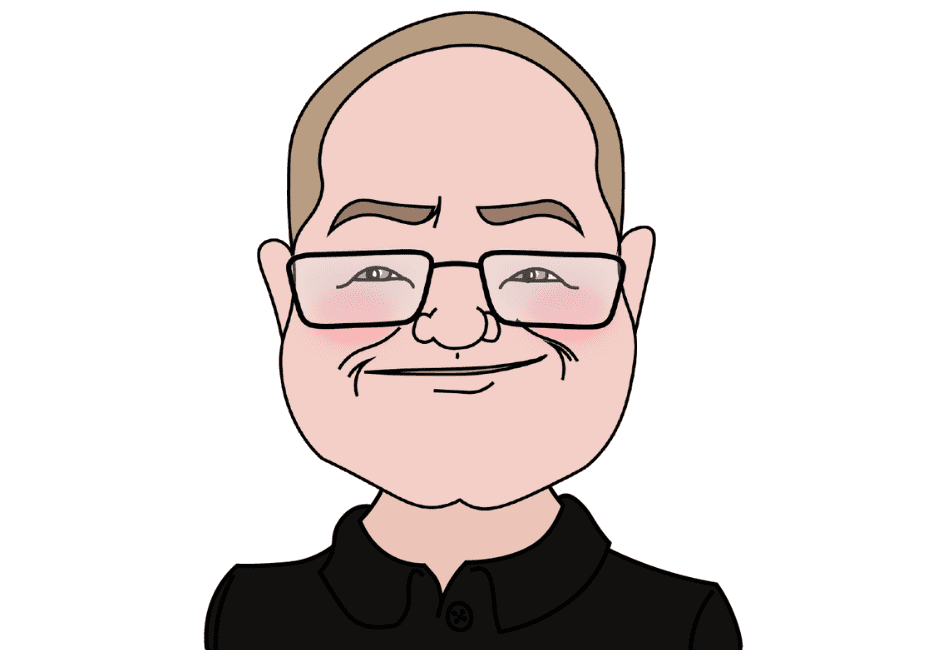 A cartoon drawing of a bald man with glasses, smiling. He is wearing a black collared shirt. The background is plain white, reminiscent of advertising for business storage solutions.