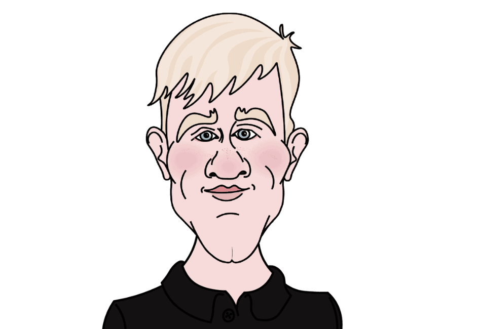 A caricature of a person with light blonde hair wearing a black collared shirt is depicted. The individual has a prominent jawline, rosy cheeks, and a relaxed, closed-mouth smile, set against a plain white background—a perfect addition to personalize your self storage space.