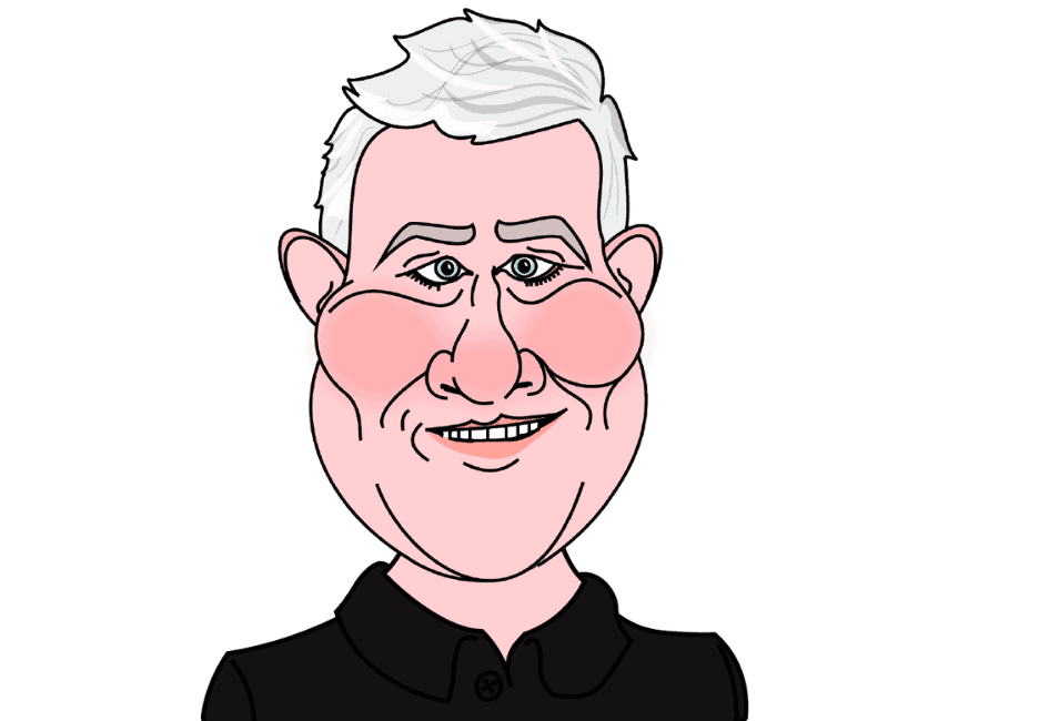 A digital caricature image of an older man with short white hair, prominent rosy cheeks, and a wide smile. He is wearing a black collared shirt. The background is plain white, somewhat reminiscent of the clean simplicity you'd find in business storage ads.