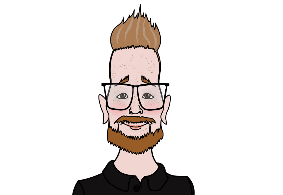 A cartoon illustration of a person with glasses, a beard, and a tall spiky hairstyle. They are wearing a black shirt with "business storage" written on it and have a neutral facial expression.