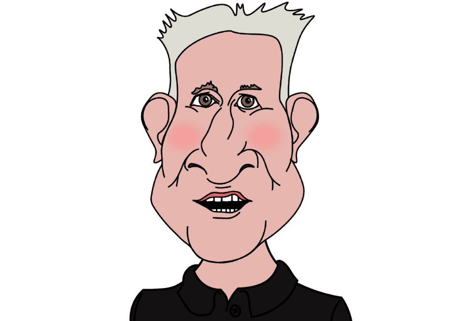 Caricature of a man with exaggerated facial features, including a large jaw and ears, broad smile, and rosy cheeks. He has short, spiky gray hair and is wearing a black shirt. The background is plain white, reminiscent of the organized simplicity found in self storage solutions.