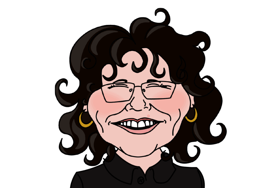 A caricature of a person with curly dark hair, glasses, and gold hoop earrings. The individual is smiling broadly, giving off a friendly vibe. The background is white, and they are wearing a black shirt or jacket with a collar. It's like they've just found the perfect self storage container for their needs!