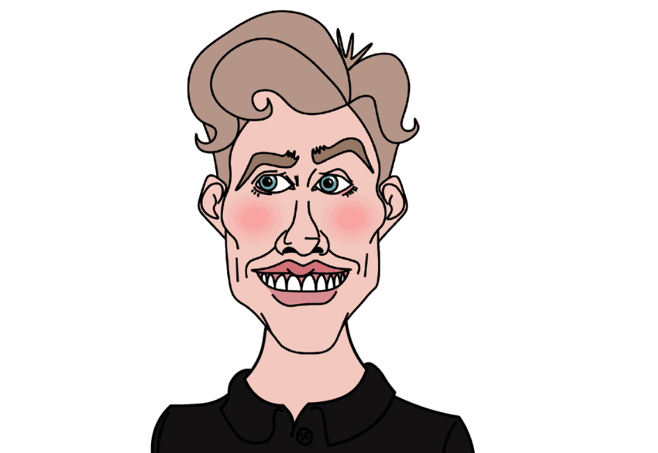 A caricature illustration of a person with exaggerated facial features, including a wide smile showing many teeth, rosy cheeks, large blue eyes, and styled light brown hair. The person is wearing a black shirt and is set against a plain white background with self storage containers subtly placed in the corner.