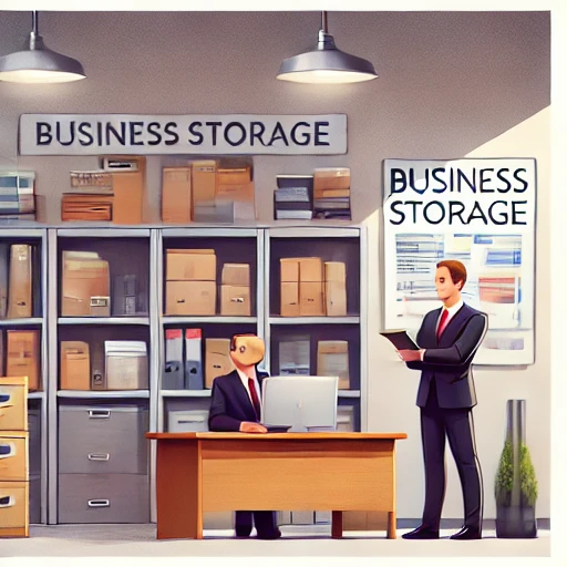 In a storage room with labeled shelves of boxes and documents, one person sits at a desk with a computer while the other stands with a tablet. Signs above and on the wall read "Business Storage and Student Storage in Epsom.