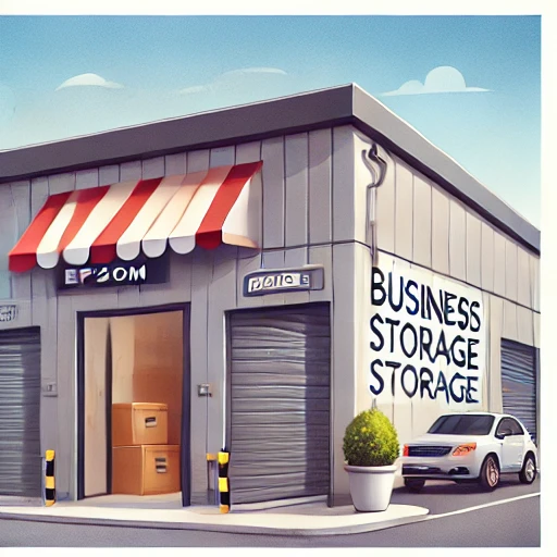 A storage facility with a striped canopy entrance labeled "EPSOM" offers convenient student storage in Epsom. Several garage-style units, including one marked "B1010," stand nearby. A potted plant and a white car are parked close to the words "BUSINESS STORAGE STORAGE" painted on the wall.