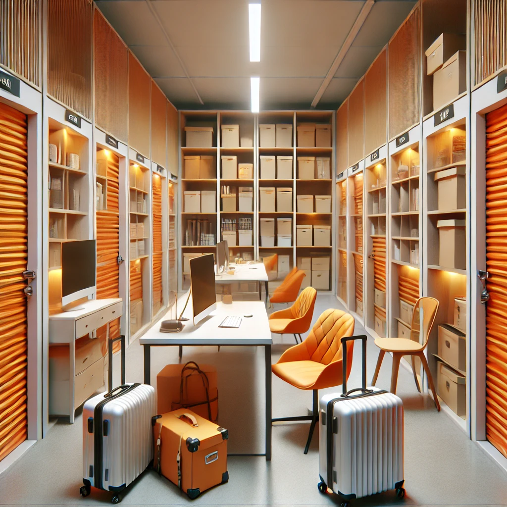 A modern student storage room in Horsham features shelves of labeled boxes, an office desk with computers and chairs, and three silver suitcases. The well-lit setting, enhanced with orange accents, creates an organized and efficient atmosphere perfect for any academic needs.