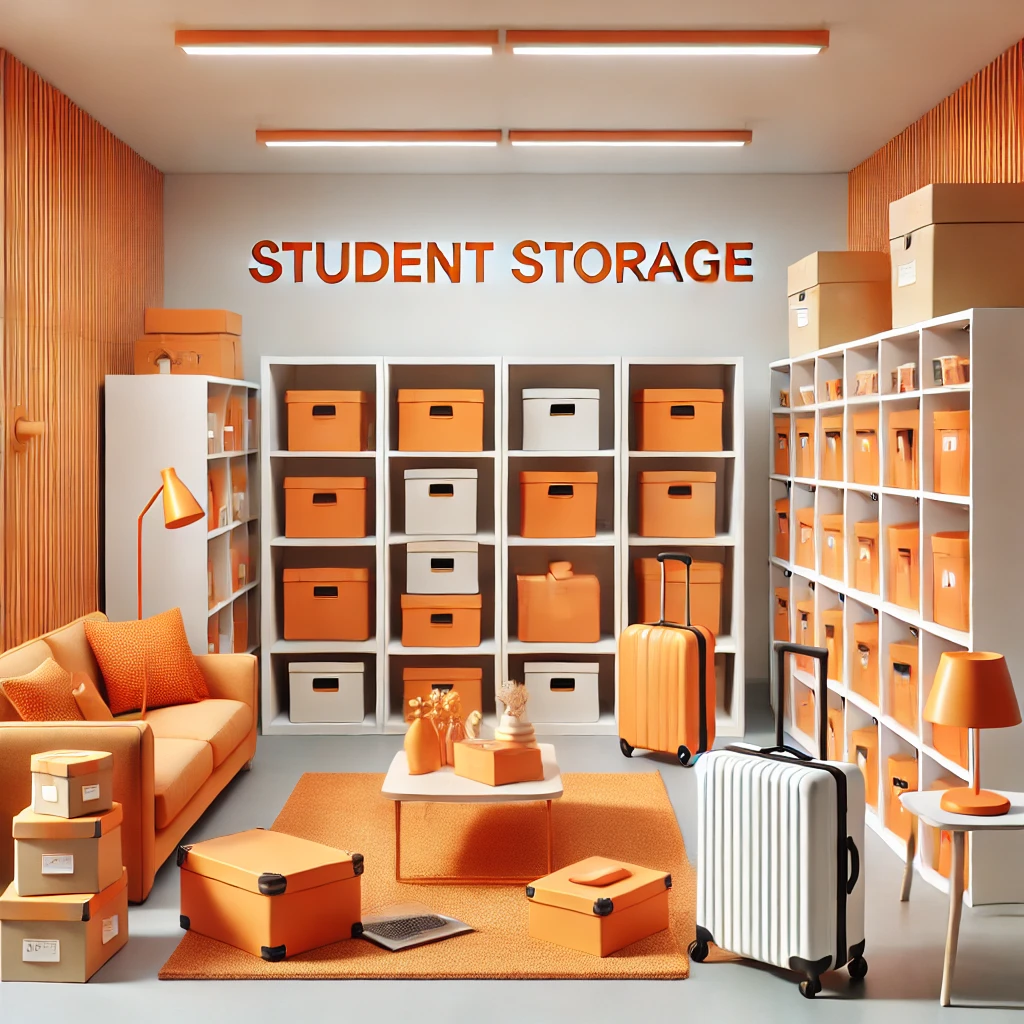 A storage room labeled "Student Storage" in Horsham showcases neatly organized orange and white boxes on shelves. It features a coordinated orange theme with a couch, coffee table, lamp, and two suitcases, creating a harmonious and vibrant space for students.