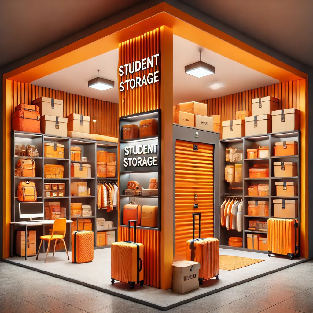 A corner store display labeled "Student Storage in Horsham" features orange-themed luggage, backpacks, and storage boxes. Shelving units hold various neatly organized items, with a small desk and chair completing the setup in a modern, bright design.