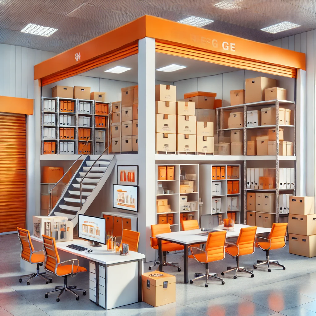 A modern, well-organized office warehouse in Horsham with orange accents. The business storage is optimized with labeled boxes on shelves. A staircase, tables with chairs, computers, and a screen displaying data enhance the clean, brightly lit space.