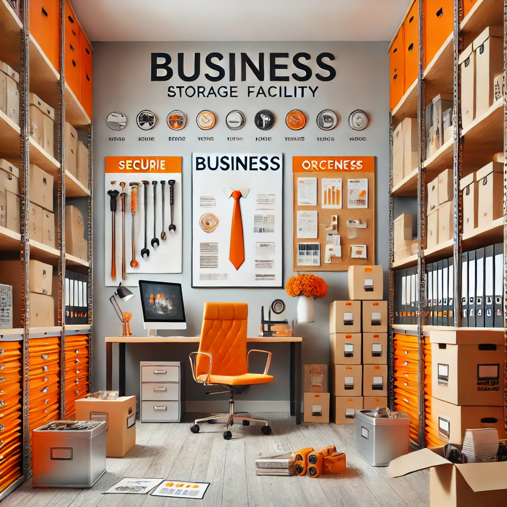 A neatly organized office storage room in Horsham, featuring orange and beige decor. It includes shelves with labeled boxes and binders, a desk with a computer, and various storage tools. The wall proudly displays a "Business Storage Facility" sign.