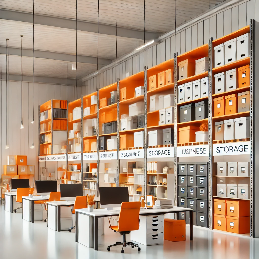 A modern office space in Horsham features tall shelves filled with neatly organized boxes labeled for various purposes like "Archive," "Finance," and "Storage." This business storage solution enhances efficiency, complemented by desks with computers and vibrant orange chairs.