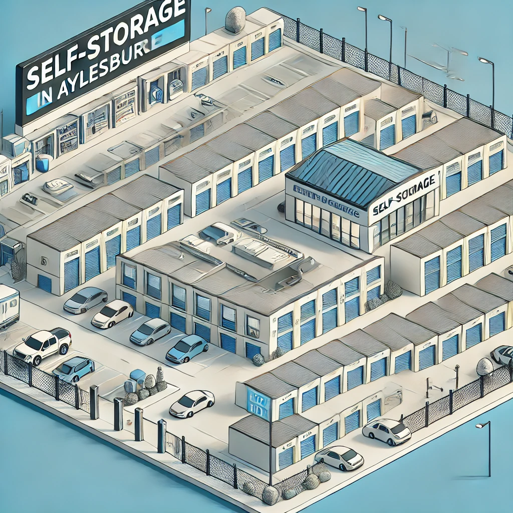 An isometric illustration showcases a self-storage facility in Aylesbury. The complex features numerous storage units, a main office, and a sign reading "Self-Storage." Several cars are parked within the fenced premises, highlighting the efficient and secure storage in Aylesbury.