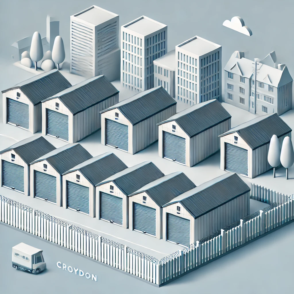 Isometric illustration of a cluster of storage units in Croydon, featuring roller doors and surrounded by stylized trees, a small van, two houses, and several office buildings. The fenced-in scene is rendered in shades of blue and white.