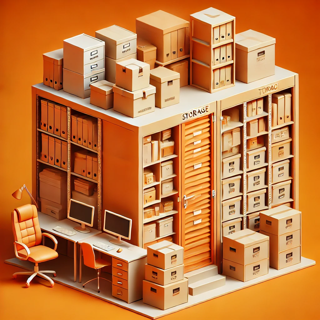 A diorama of a miniature office storage room made entirely of cardboard. The setup features shelves full of boxes and binders, echoing the charm of business storage in Molesey, with a desk, an office chair, and a lamp on an orange background.