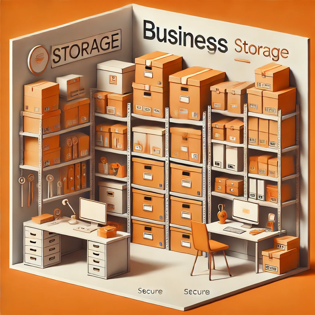 Illustration of an organized storage space with shelves of orange boxes and files. A desk with a computer, chair, and phone is in the corner. The walls proudly display "Business Storage" and "Secure," capturing the essence of business storage in Molesey.