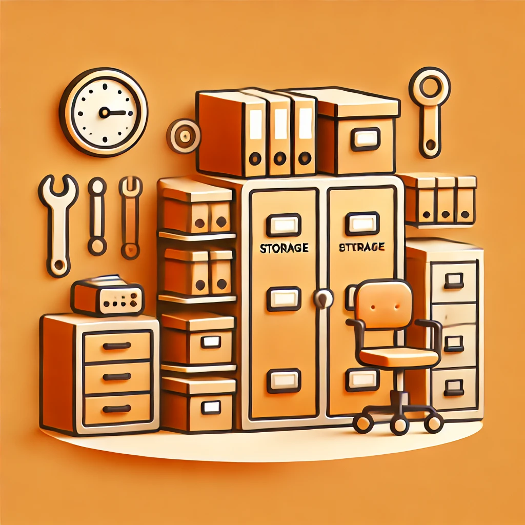 Illustration of a business storage space in Molesey featuring filing cabinets, storage boxes, binders, a clock, wrenches, and a swivel chair. All elements are set in warm orange tones to emphasize an organized and tidy workspace.