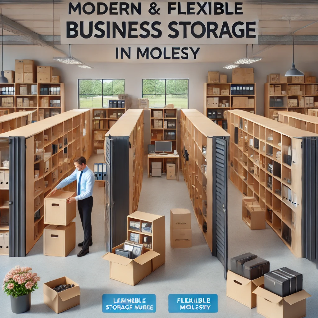 A person arranges cardboard boxes in a storage facility filled with shelves and more boxes. The area is labeled as "Modern & Flexible Business Storage Solutions in Molesey," featuring details about "Flexible Molesey" and the "Learnable Storage Bureau.