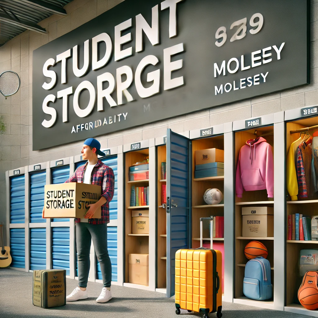 A person wearing a cap holds a box labeled "Student Storage" in an affordable storage facility. The signage reads "Student Storrge," with various items like clothes and sports equipment visible in open lockers. A yellow suitcase sits on the floor at Molesey Storage.