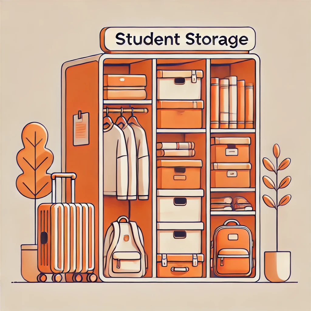 Illustration of a student storage unit in Molesey with neatly arranged items. It includes clothes on hangers, books, and labeled boxes on shelves. A suitcase and backpack sit outside. Two potted plants flank the unit, adding a touch of nature.