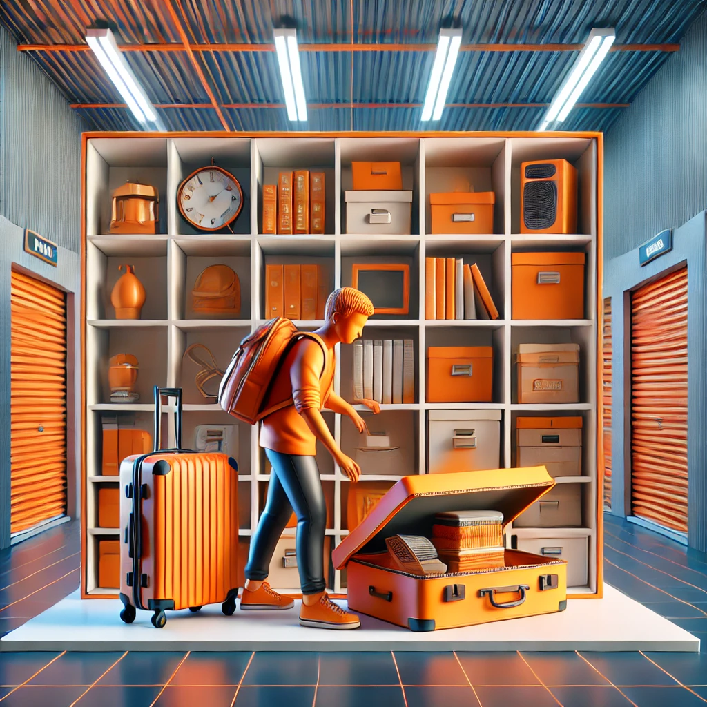 A student with a backpack stands near a suitcase against a wall of shelves filled with books, boxes, and various items. Bathed in vibrant orange tones, the scene reflects the organized charm of student storage in Molesey, with closed units neatly tucked in the background.