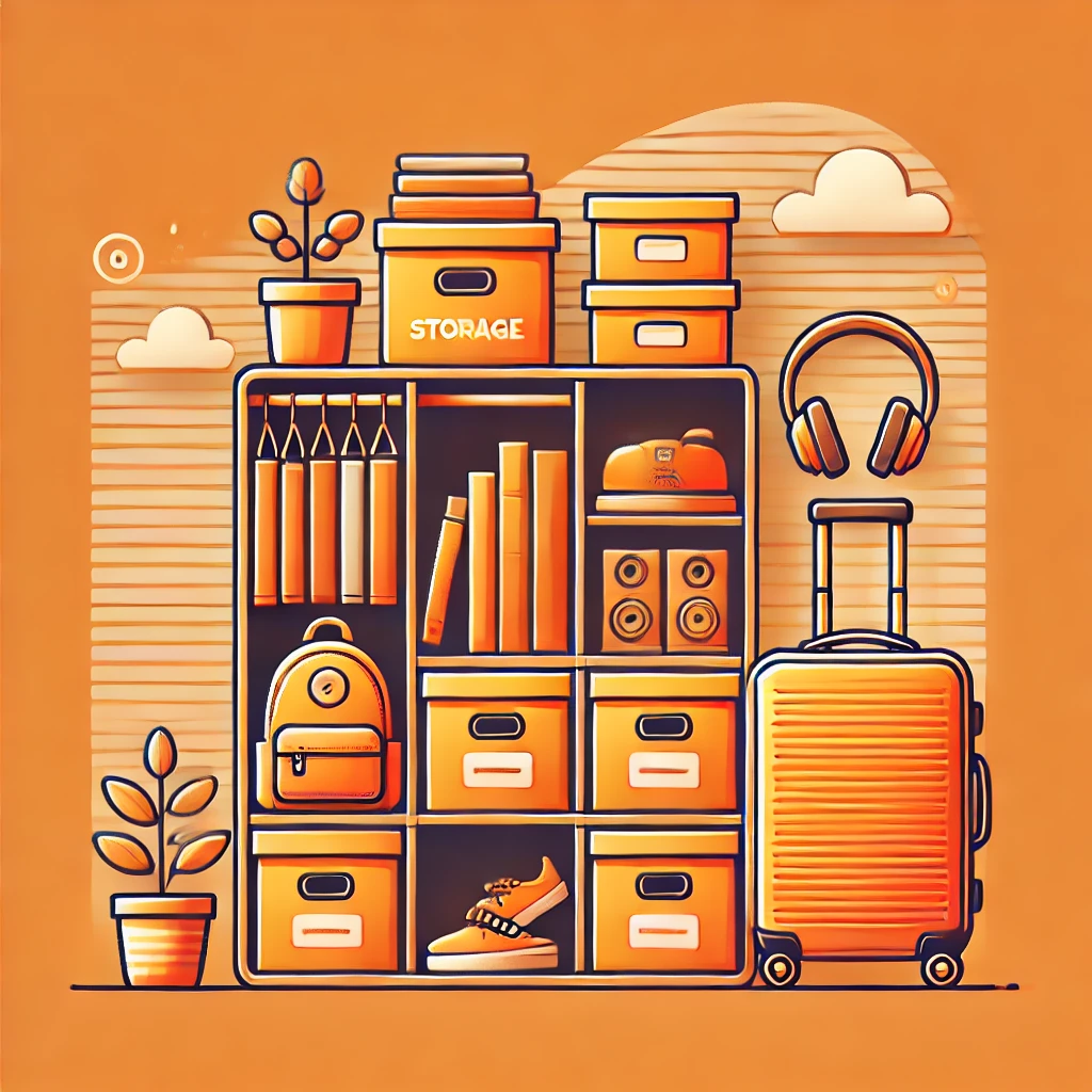 Illustration of a student storage unit in Molesey, featuring boxes, books, a backpack, headphones, and a suitcase. A small plant sits beside the unit. The scene is awash in shades of orange against a striped background with clouds.