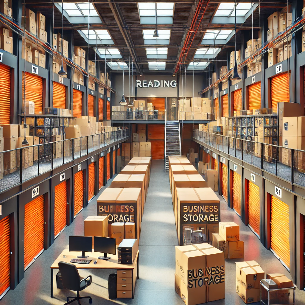 The busy storage facility in Molesey features two levels of units with bright orange doors. Large boxes labeled "Business Storage" line the floor. In the foreground, a desk with two monitors sits beneath a sign that reads "Reading," while bright lighting fills the space.