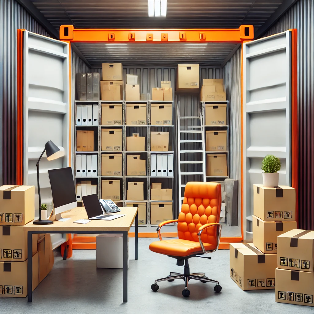 A tidy office setup in a storage unit illustrates efficient business storage in Molesey. An orange chair faces a desk with a lamp, computer, and phone. Shelves brimming with boxes and binders fill the backdrop, while more boxes are stacked nearby, complemented by a potted plant to the right.