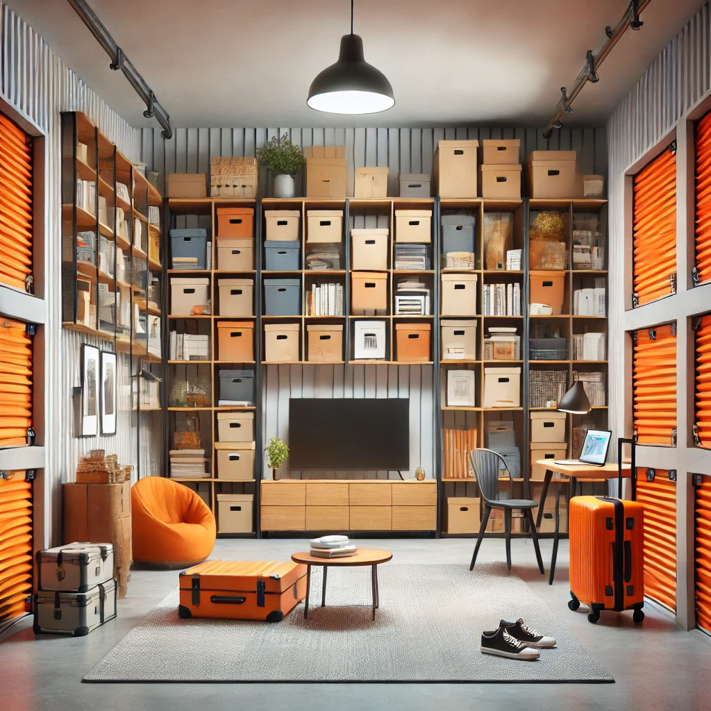 A stylish room features tall shelves filled with brown and orange storage boxes, perfect for business storage in Molesey. A TV, books, an orange beanbag, a gray chair at a desk with a laptop, an orange suitcase, and sneakers complete the cozy, organized space.