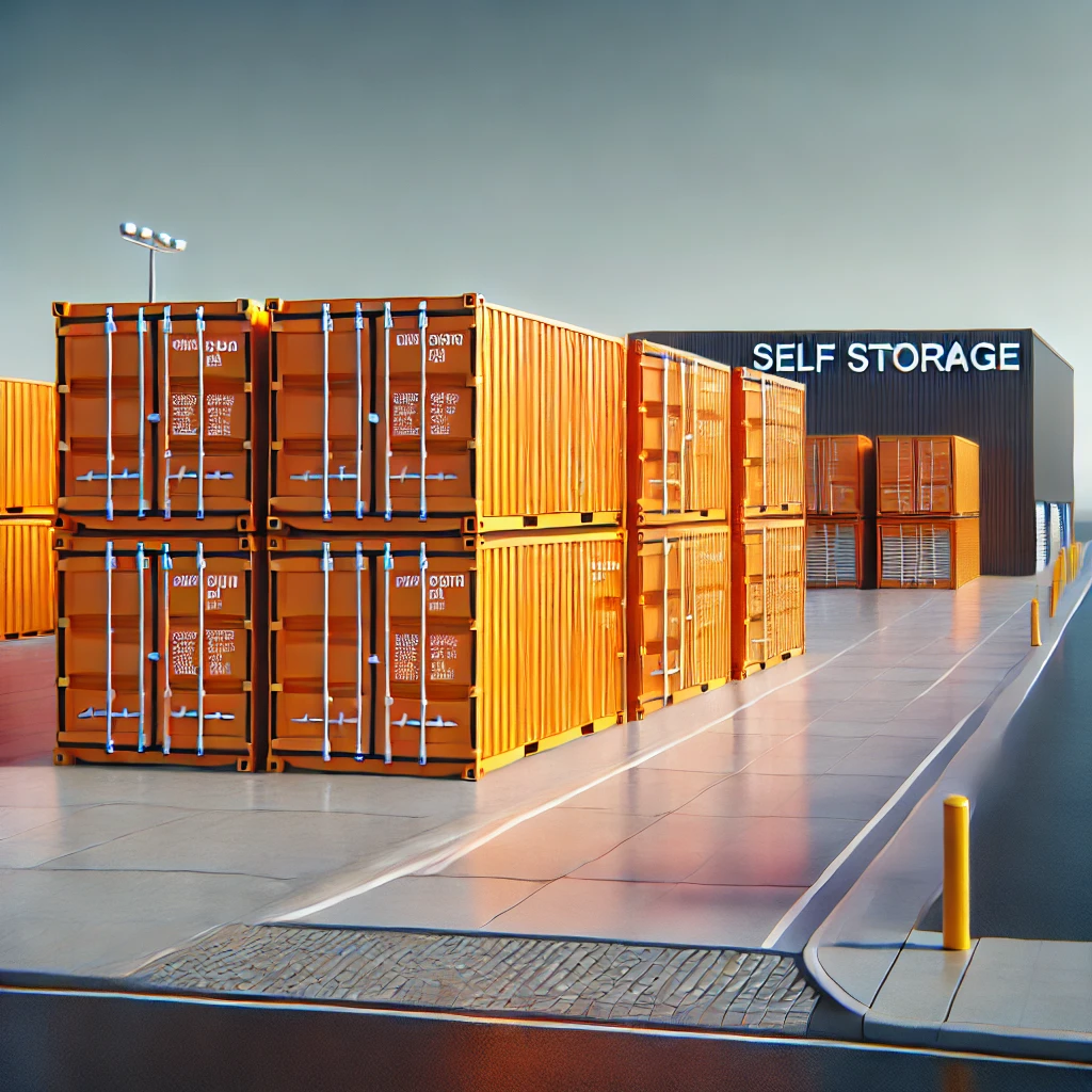 A self-storage facility offers business storage in Molesey, featuring orange shipping containers stacked in rows beside a black building marked "Self Storage." The well-lit area boasts clean pavement, bordered by yellow bollards for added safety.