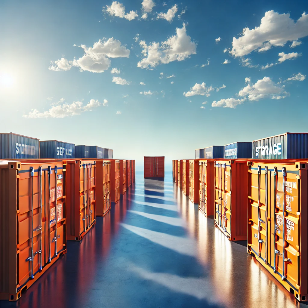 A row of bright orange shipping containers under a clear blue sky serves as business storage in Molesey. Both sides are marked "STORAGE" in white. Long shadows stretch across the pavement, and fluffy clouds dot the sky. The sun is shining brightly, casting a warm glow.