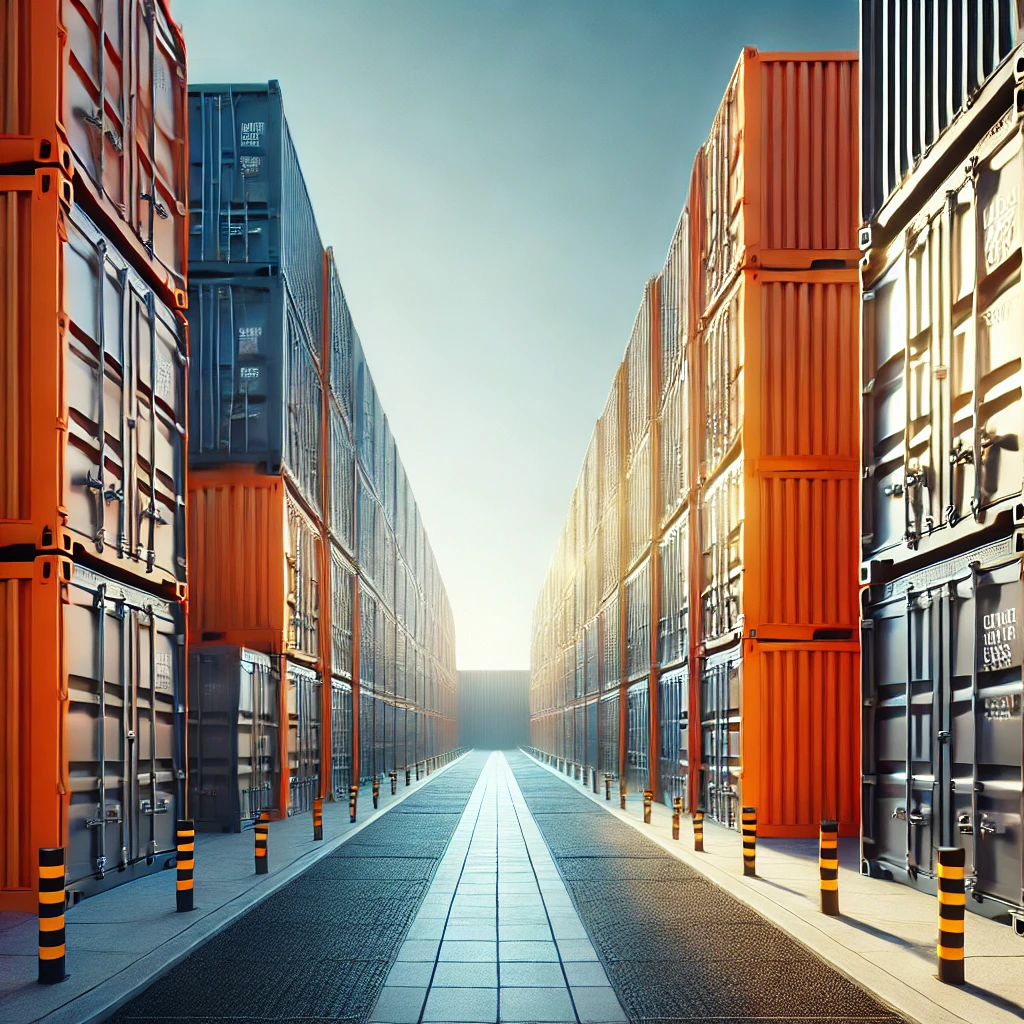 A symmetrical view of a narrow pathway flanked by tall stacks of orange and blue shipping containers highlights the organized business storage in Molesey. The path, lined with black and yellow bollards, leads towards a bright horizon under a clear sky.