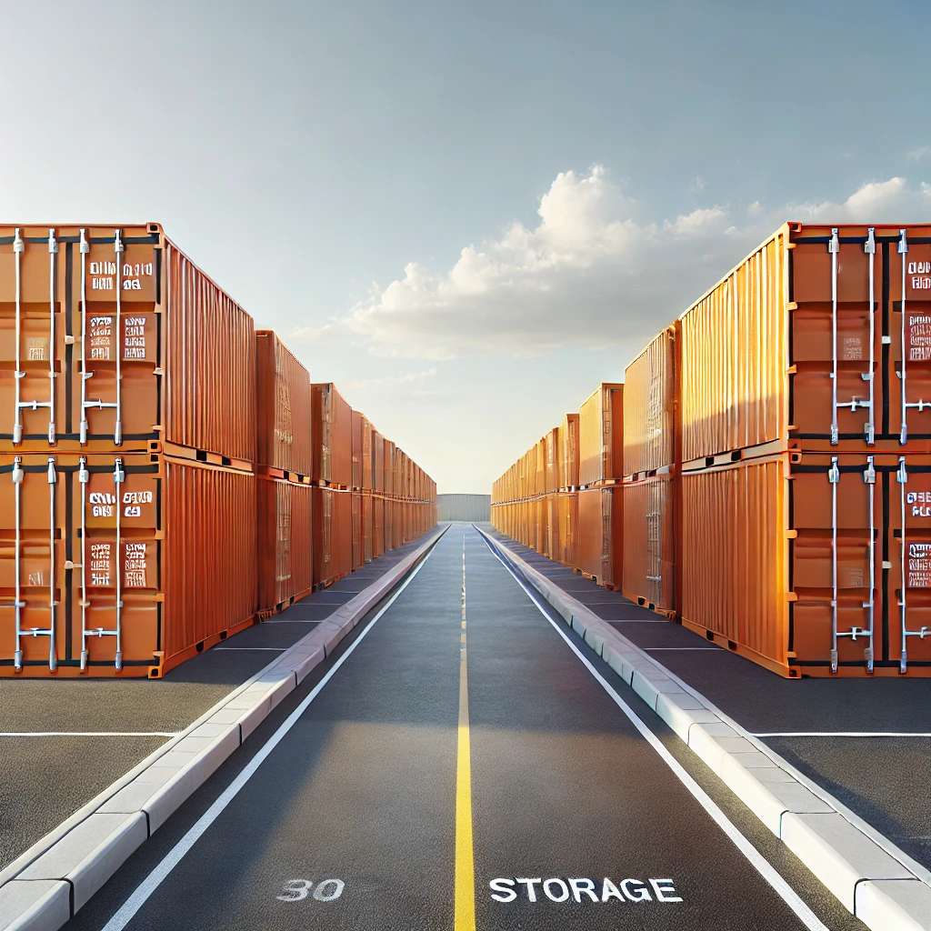 A symmetrical view of stacked orange shipping containers lines both sides of a paved road in Molesey. The road, marked with "STORAGE" and "30," guides businesses under a clear blue sky with scattered clouds.