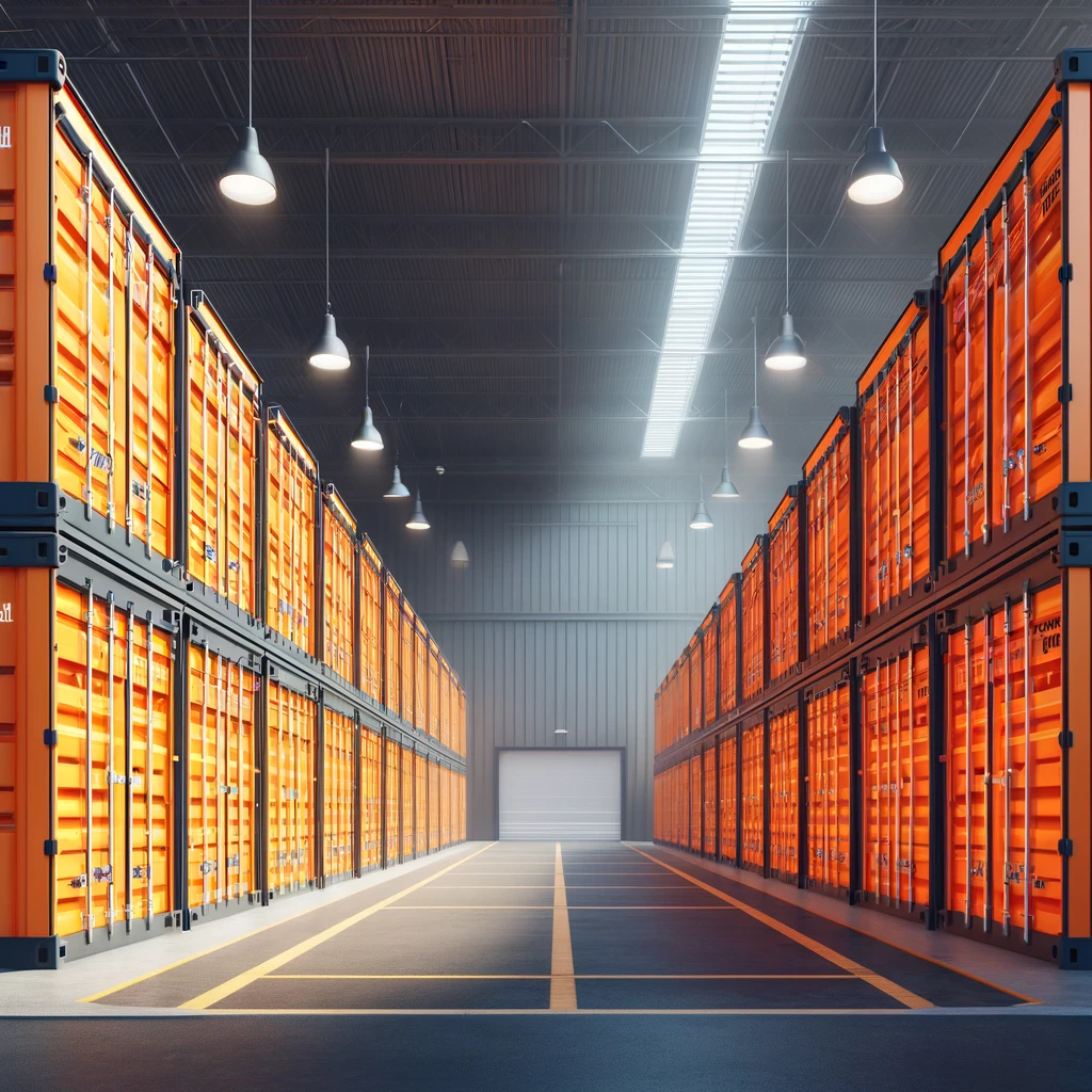 The interior of a business storage facility in Molesey features rows of stacked orange containers lining both sides. Illuminated by overhead lights and a skylight, the space leads to a large closed door at the aisle's end, with light yellow lines marking the floor.