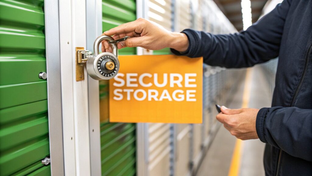 Person unlocking a padlock on a green storage unit door, holding a yellow sign that reads "SECURE STORAGE," in a well-lit corridor of storage units.