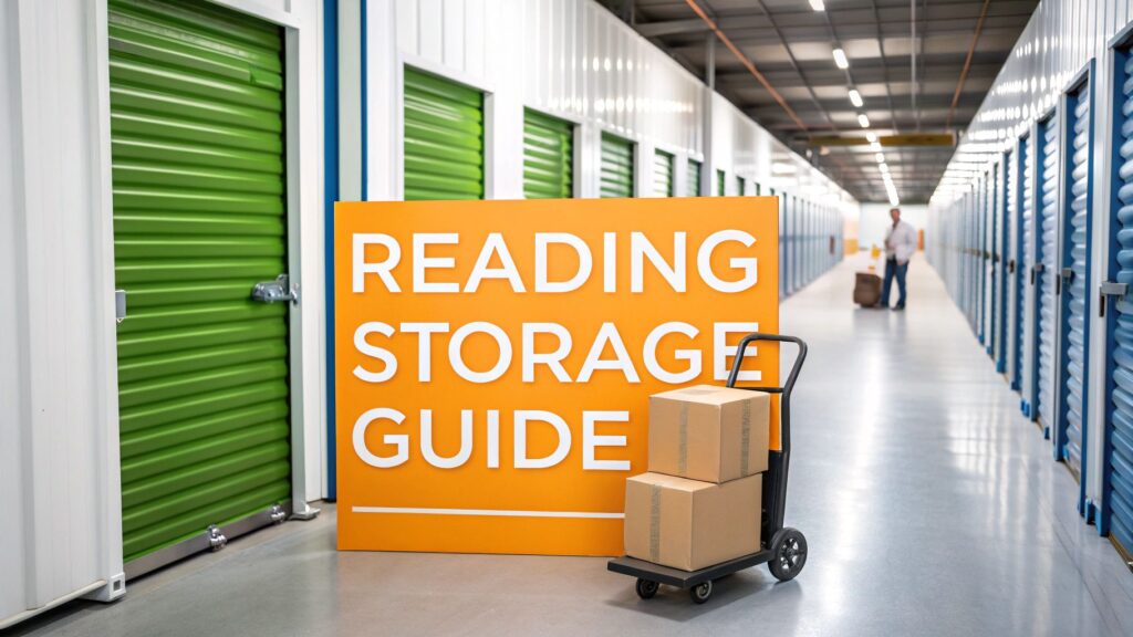 A large orange sign reading "Reading Storage Guide" stands in a hallway of storage units with green doors. A hand truck with cardboard boxes is in front, and a person with a suitcase is seen in the background.