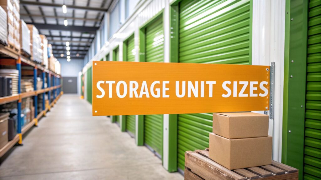A bright orange sign reading "Storage Unit Sizes" hangs in a hallway with green storage unit doors. Two cardboard boxes are stacked on a pallet in the foreground, and shelves line the left side of the corridor.