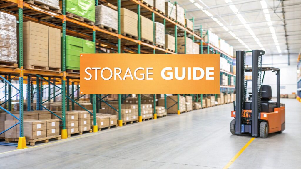 A large orange sign reading "STORAGE GUIDE" hangs in a warehouse with tall shelves filled with boxes. A forklift is parked nearby on the polished concrete floor.