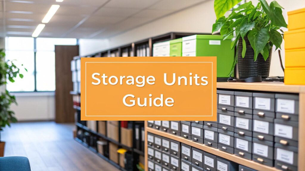A modern office space with shelves full of labeled storage boxes, green plants, and a large orange sign in the center reading “Storage Units Guide.”.