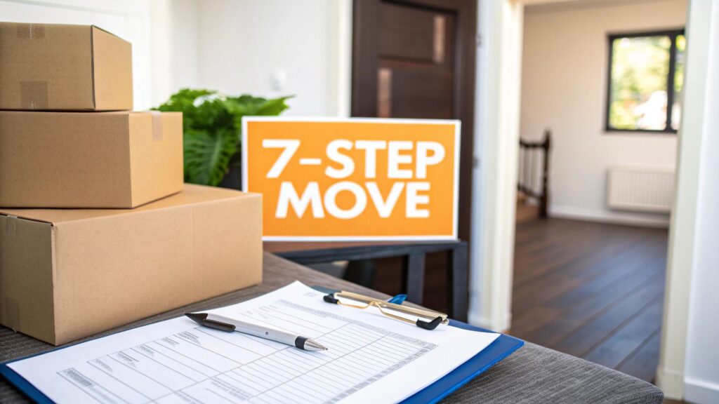 Three cardboard boxes, a clipboard with a checklist, and pens are on a sofa in a bright room. A sign reading "7-STEP MOVE" stands in the background, with a hallway and window visible.