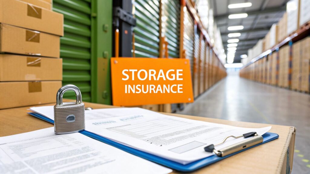 A clipboard with documents and a padlock sits on a table in a storage facility aisle. An orange sign reads "Storage Insurance"; stacked boxes and green storage unit doors line both sides of the corridor.