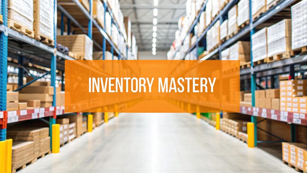 Warehouse aisle with shelves full of boxes and packages on both sides, with a bright orange banner in the center displaying the text "INVENTORY MASTERY.