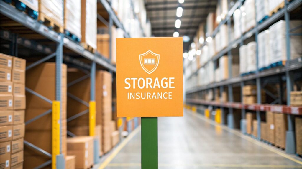 An orange sign with a shield icon and the words “STORAGE INSURANCE” stands in a warehouse aisle lined with tall shelves filled with stacked cardboard boxes.