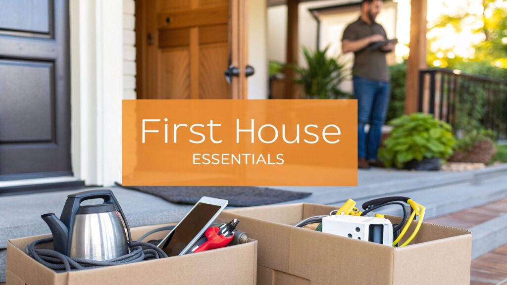 Two cardboard boxes filled with household items sit on a porch in front of a door. The text "First House Essentials" is overlaid. A person stands in the background near the entrance.