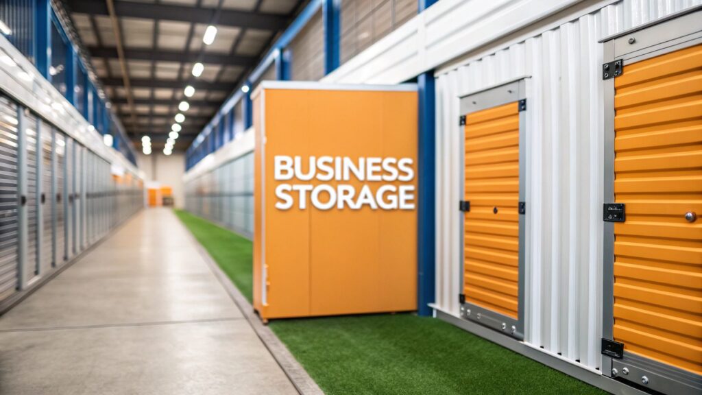A brightly lit indoor storage facility with orange and white storage unit doors. A large orange sign reads "BUSINESS STORAGE" along a hallway with artificial green turf and concrete flooring.