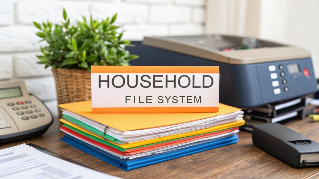 A stack of colorful folders labeled "HOUSEHOLD FILE SYSTEM" sits on a desk next to office supplies, a potted plant, a printer, and a calculator.