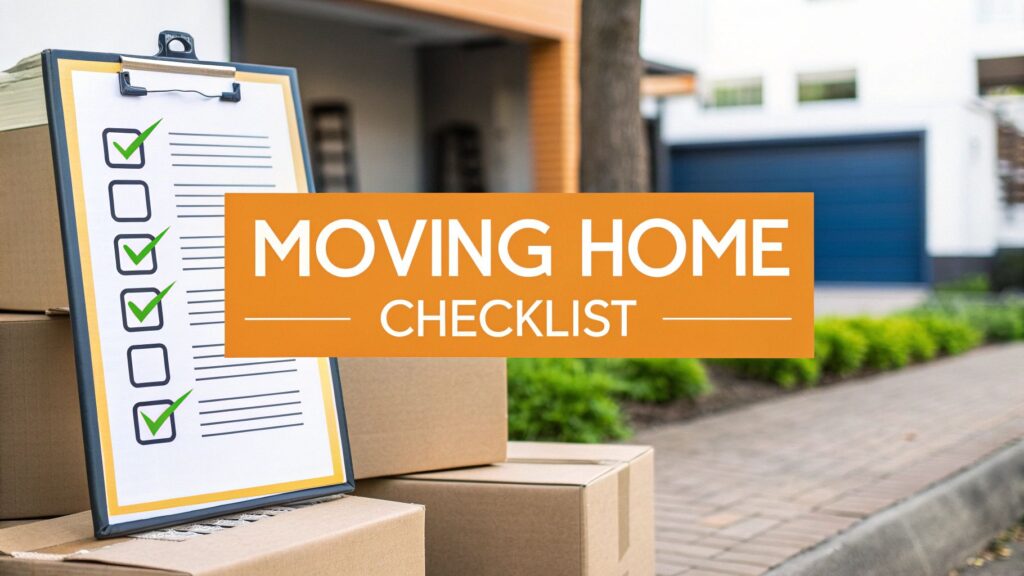A clipboard with a checklist is shown beside stacked cardboard boxes on a driveway. Overlay text reads "MOVING HOME CHECKLIST." A house and a garage are visible in the background.