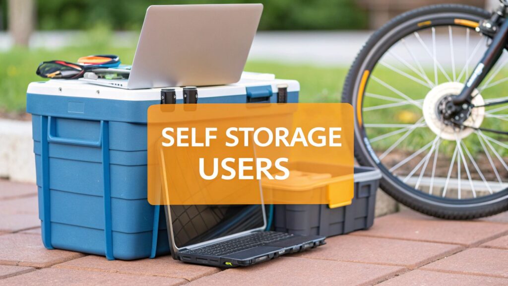 A blue storage box with an open laptop on top sits next to a smaller black box and a bicycle wheel. The text "SELF STORAGE USERS" appears prominently in a yellow box over the image.